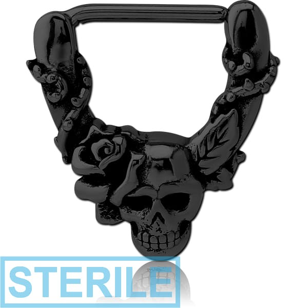 STERILE BLACK PVD COATED SURGICAL STEEL NIPPLE CLICKER - SKULLS AND ROSE