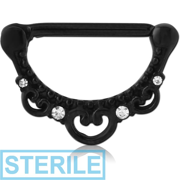 STERILE BLACK PVD COATED SURGICAL STEEL JEWELLED NIPPLE CLICKER - FILIGREE
