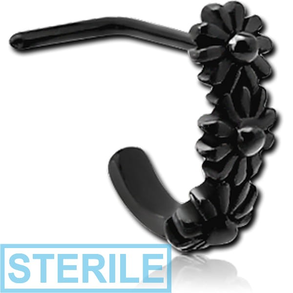 STERILE BLACK PVD COATED SURGICAL STEEL 90 DEGREE WRAP AROUND NOSE STUD - THREE FLOWERS