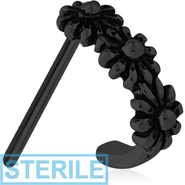 STERILE BLACK PVD COATED SURGICAL STEEL SURGICAL STEEL STRAIGHT WRAP AROUND NOSE STUD - THREE FLOWERS