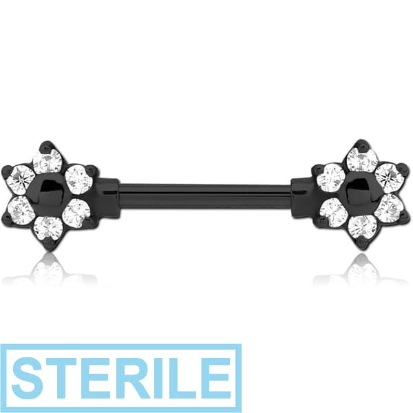 STERILE BLACK PVD COATED SURGICAL STEEL JEWELLED NIPPLE BAR - FLOWER