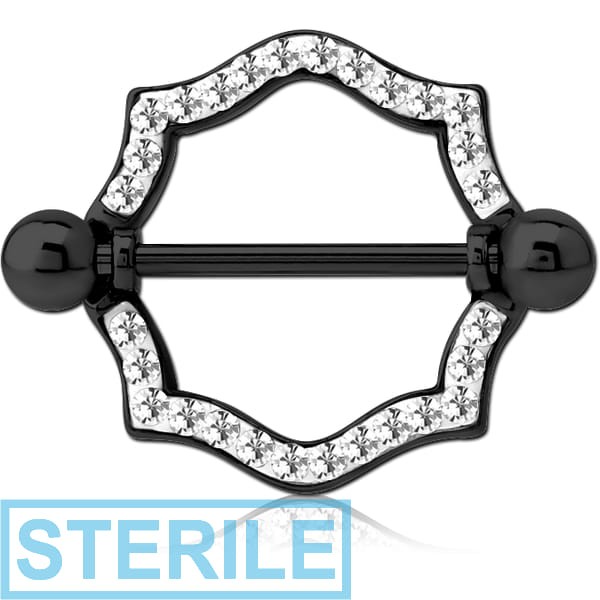 STERILE BLACK PVD COATED SURGICAL STEEL CRYSTALINE JEWELLED NIPPLE SHIELD