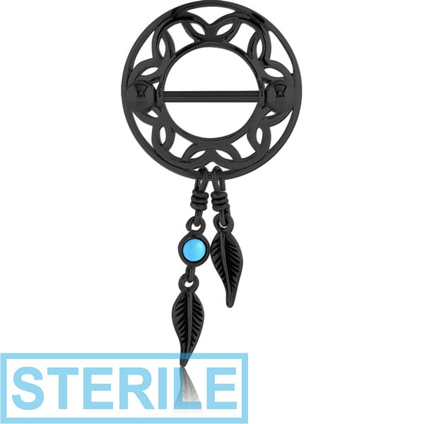 STERILE BLACK PVD COATED SURGICAL STEEL TURQUOISE DREAMCATCHER WITH FEATHERS NIPPLE SHIELD