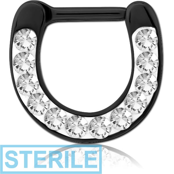 STERILE BLACK PVD COATED SURGICAL STEEL ROUND JEWELLED HINGED SEPTUM CLICKER