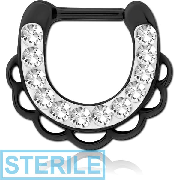 STERILE BLACK PVD COATED SURGICAL STEEL ROUND JEWELLED HINGED SEPTUM CLICKER