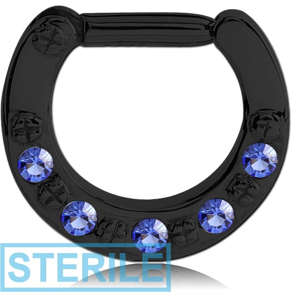 STERILE BLACK PVD COATED SURGICAL STEEL ROUND JEWELLED HINGED SEPTUM CLICKER