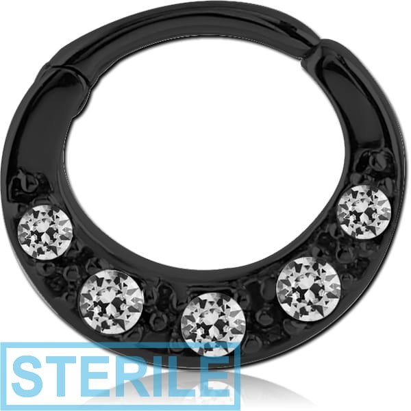 STERILE BLACK PVD COATED SURGICAL STEEL ROUND JEWELLED HINGED SEPTUM CLICKER