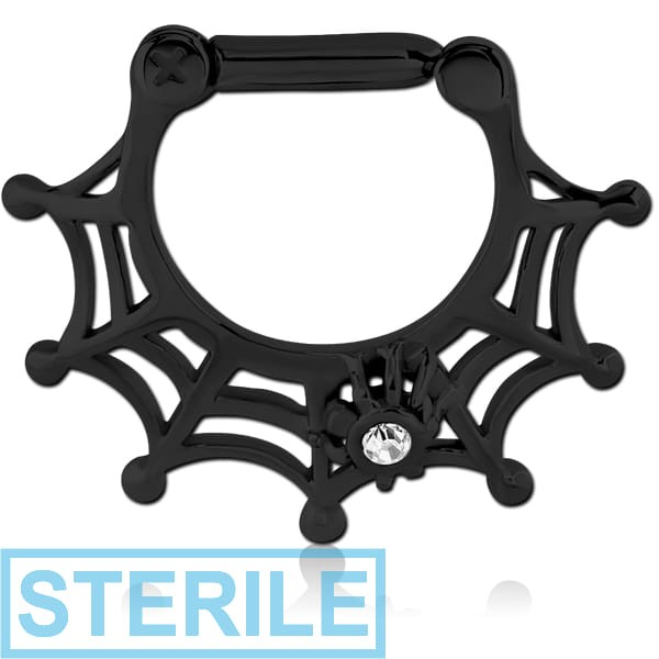 STERILE BLACK PVD COATED SURGICAL STEEL JEWELLED HINGED SEPTUM CLICKER - SPIDER WEB