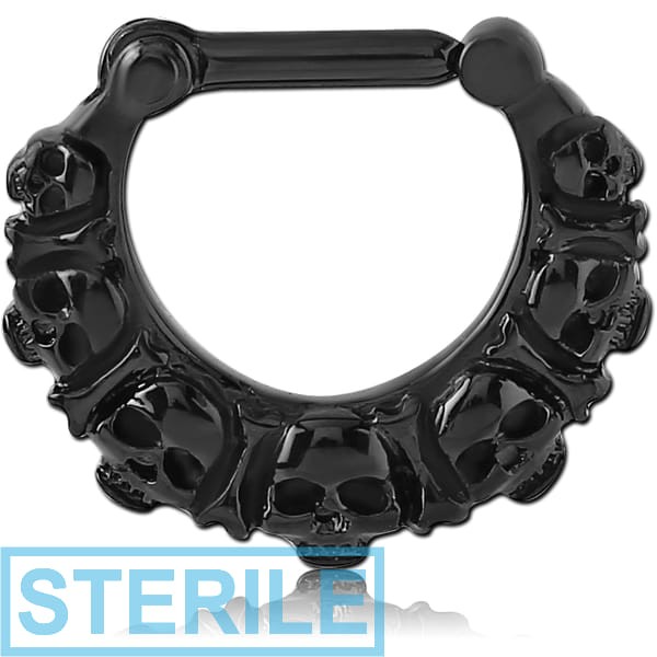 STERILE BLACK PVD COATED SURGICAL STEEL HINGED SEPTUM CLICKER - SKULL