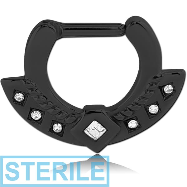 STERILE BLACK PVD COATED SURGICAL STEEL JEWELLED HINGED SEPTUM CLICKER