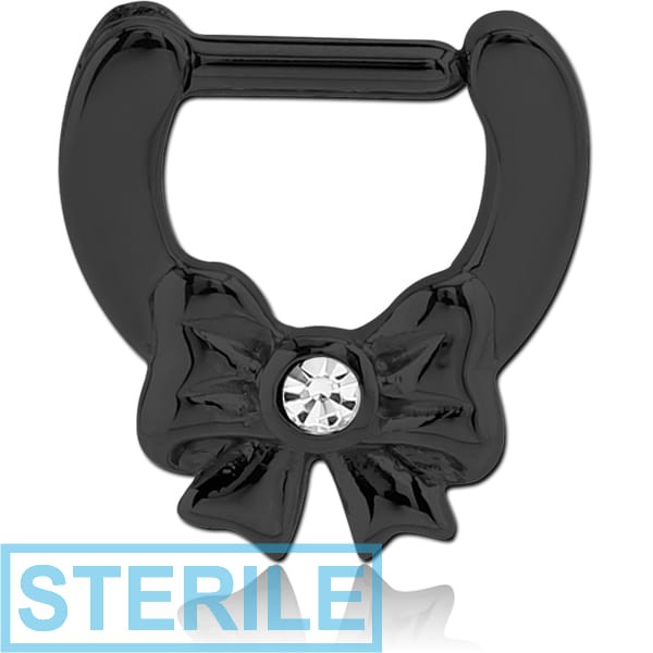 STERILE BLACK PVD COATED SURGICAL STEEL ROUND JEWELLED HINGED SEPTUM CLICKER - BOW