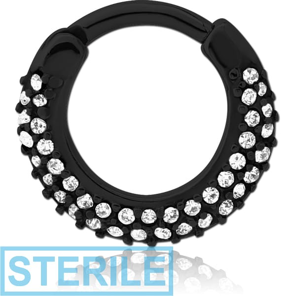 STERILE BLACK PVD COATED SURGICAL STEEL ROUND JEWELLED HINGED SEPTUM CLICKER
