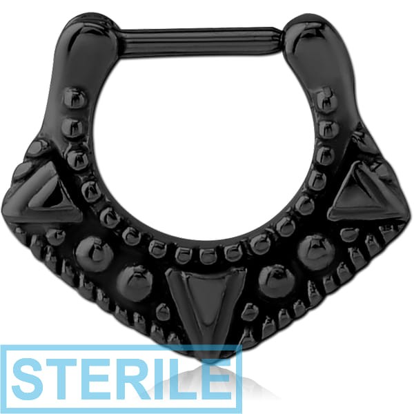 STERILE BLACK PVD COATED SURGICAL STEEL HINGED SEPTUM CLICKER - FILIGREE