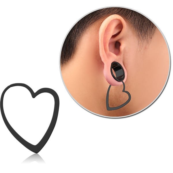 STERILE BLACK PVD COATED SURGICAL STEEL HOOP EARRINGS FOR TUNNEL - HEART