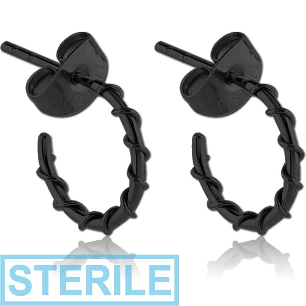 STERILE BLACK PVD COATED SURGICAL STEEL EAR STUDS PAIR - WIRE ON HOOP