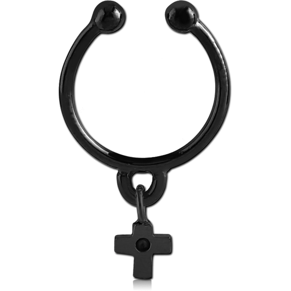 BLACK PVD COATED SURGICAL STEEL FAKE SEPTUM RING WITH CHARM - CROSS