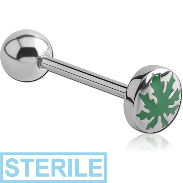 STERILE SURGICAL STEEL FLAT BARBELL - MARIJUANA LEAF