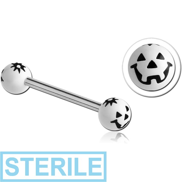 STERILE SURGICAL STEEL BARBELL WITH ACRYLIC JACK-O-LANTERN PRINTED BALL