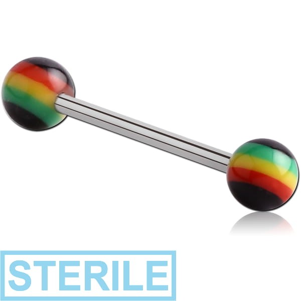 STERILE SURGICAL STEEL BARBELL WITH ACRYLIC RASTA BALL