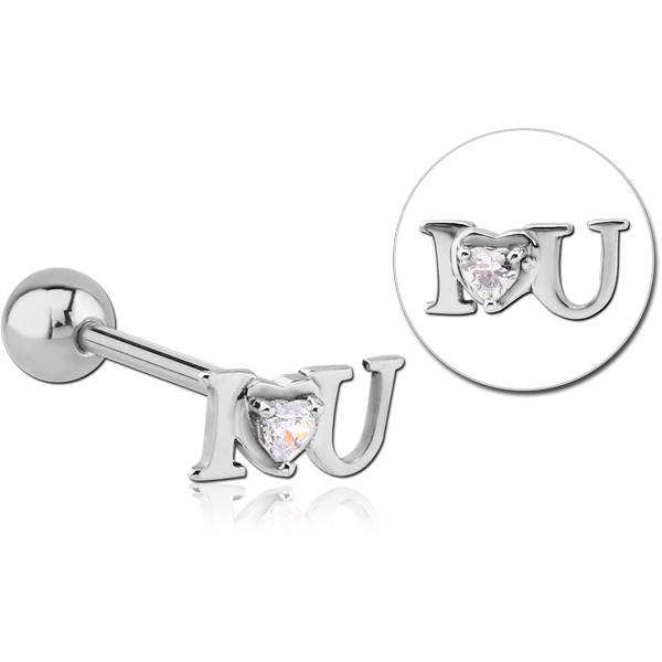 SURGICAL STEEL JEWELLED BARBELL - I LOVE YOU