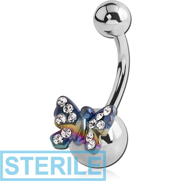 STERILE SURGICAL STEEL NAVEL BANANA WITH ANODISED JEWELLED BUTTERFLY