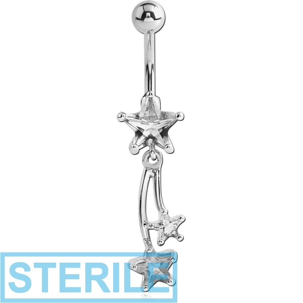 STERILE RHODIUM PLATED BRASS JEWELLED STAR NAVEL BANANA WITH FALLING STAR CHARM
