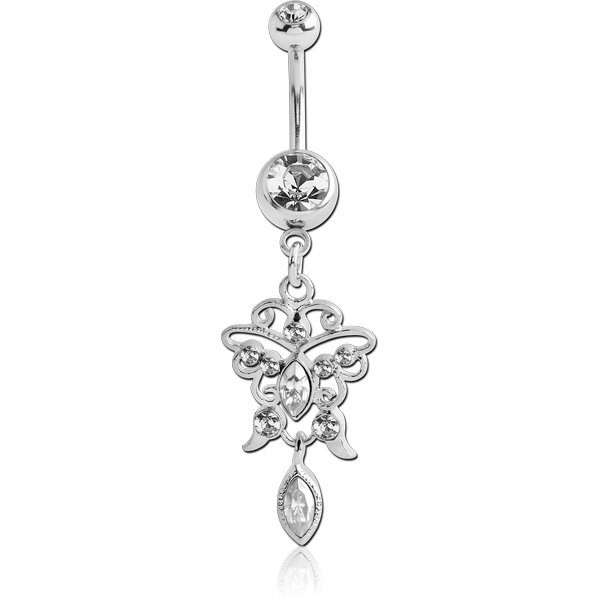 SURGICAL STEEL DOUBLE JEWELED NAVEL BANANA WITH BUTTERFLY CHARM
