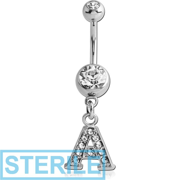 STERILE SURGICAL STEEL DOUBLE JEWELLED NAVEL BANANA WITH JEWELLED LETTER CHARM - A