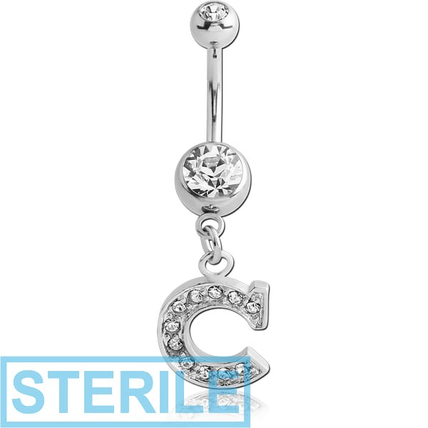 STERILE SURGICAL STEEL DOUBLE JEWELLED NAVEL BANANA WITH JEWELLED LETTER CHARM - C