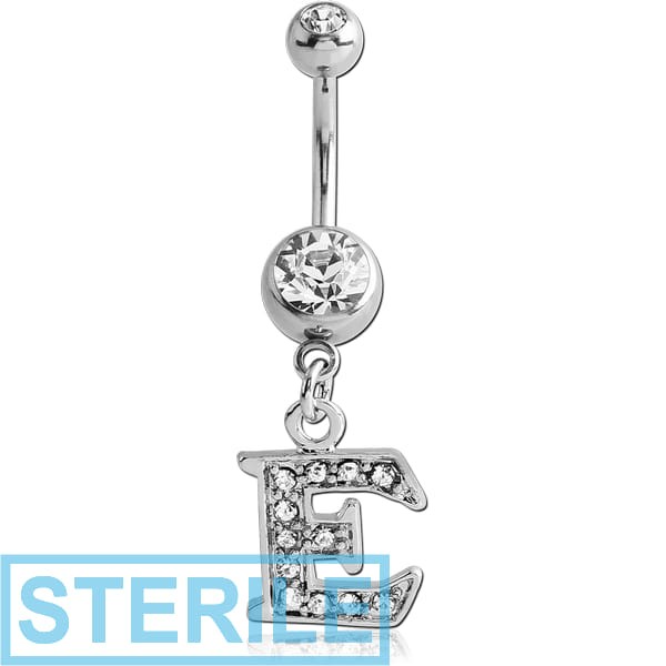 STERILE SURGICAL STEEL DOUBLE JEWELLED NAVEL BANANA WITH JEWELLED LETTER CHARM - E