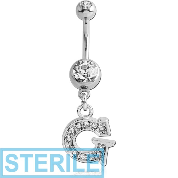 STERILE SURGICAL STEEL DOUBLE JEWELLED NAVEL BANANA WITH JEWELLED LETTER CHARM - G