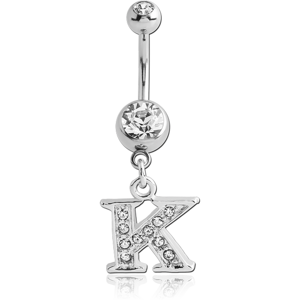 SURGICAL STEEL DOUBLE JEWELED NAVEL BANANA WITH JEWELED LETTER CHARM - K