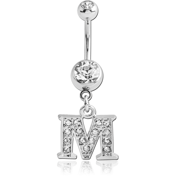 SURGICAL STEEL DOUBLE JEWELLED NAVEL BANANA WITH JEWELLED LETTER CHARM - M