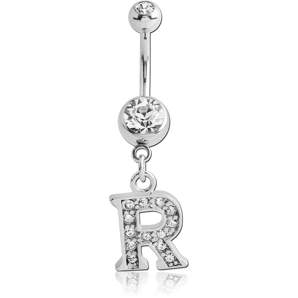 SURGICAL STEEL DOUBLE JEWELLED NAVEL BANANA WITH JEWELLED LETTER CHARM - R