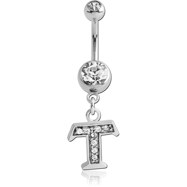 SURGICAL STEEL DOUBLE JEWELED NAVEL BANANA WITH JEWELED LETTER CHARM - T
