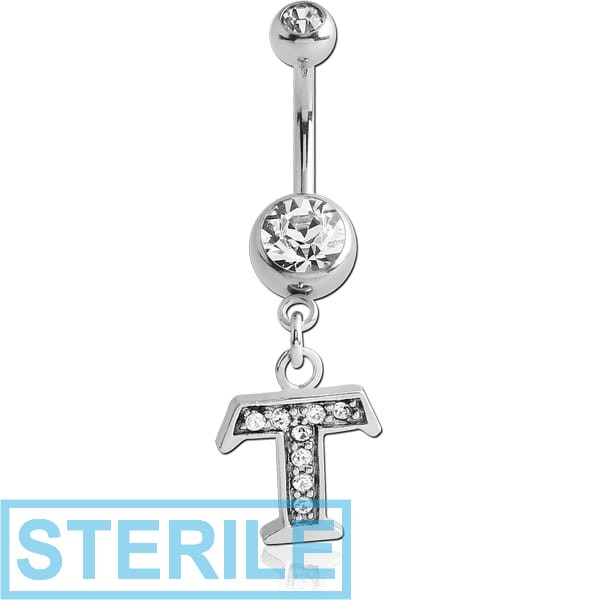 STERILE SURGICAL STEEL DOUBLE JEWELLED NAVEL BANANA WITH JEWELLED LETTER CHARM - T