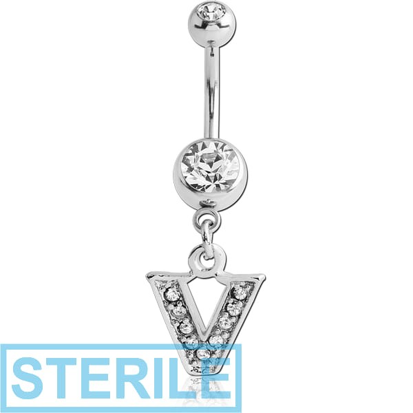 STERILE SURGICAL STEEL DOUBLE JEWELLED NAVEL BANANA WITH JEWELLED LETTER CHARM - V