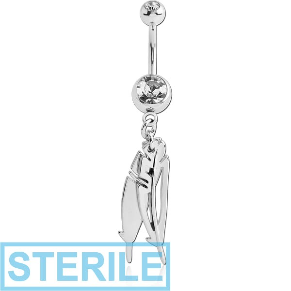 STERILE SURGICAL STEEL DOUBLE JEWELLED NAVEL BANANA WITH FEATHER SHADOW CHARM