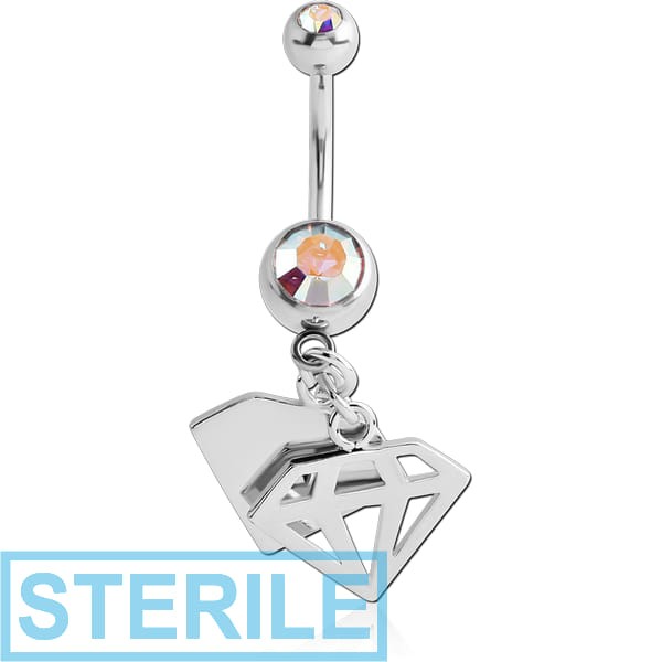 STERILE SURGICAL STEEL DOUBLE JEWELLED NAVEL BANANA WITH DIAMOND SHADOW CHARM