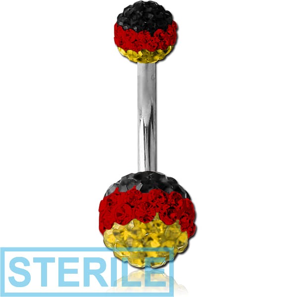 STERILE SURGICAL STEEL VALUE CRYSTALINE JEWELLED GERMANY FLAG NAVEL BANANA