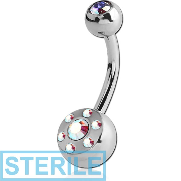STERILE SURGICAL STEEL DOUBLE JEWELLED MULTI STONE NAVEL BANANA