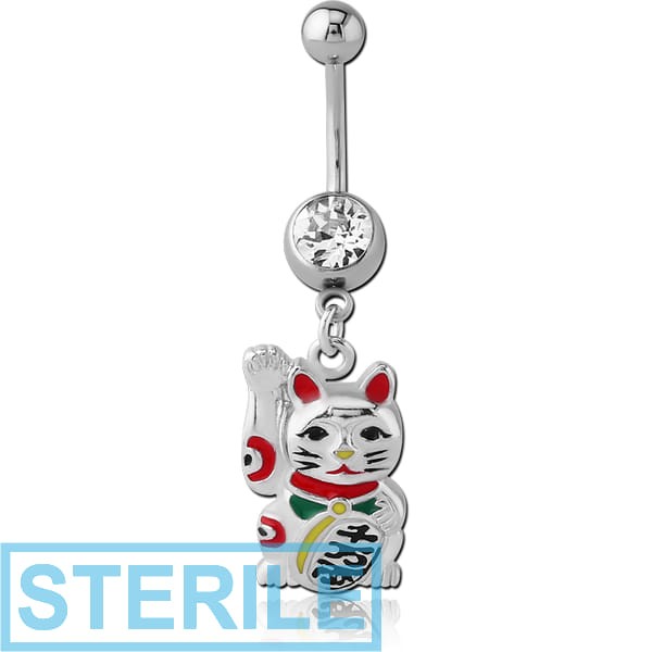 STERILE SURGICAL STEEL JEWELLED NAVEL BANANA WITH CHARM - CHINESE CAT