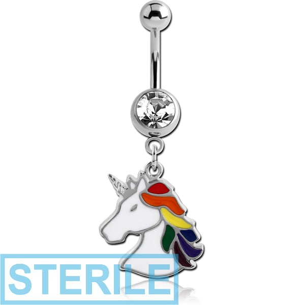 STERILE SURGICAL STEEL JEWELLED NAVEL BANANA WITH CHARM - UNICORN