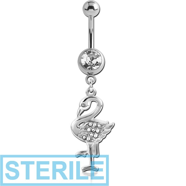 STERILE SURGICAL STEEL JEWELLED NAVEL BANANA WITH CHARM - FLAMINGO