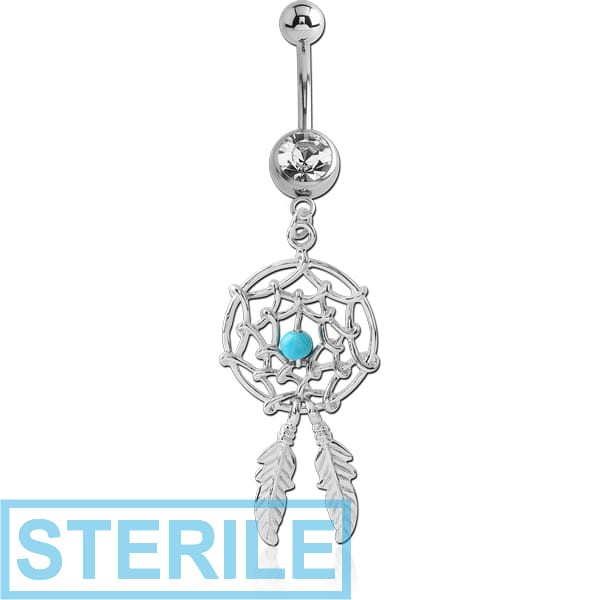 STERILE SURGICAL STEEL JEWELLED NAVEL BANANA WITH SILVER PLATED DREAMCATCHER FEATHERS CHARM