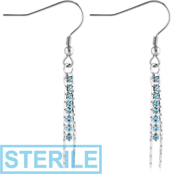 STERILE RHODIUM PLATED BRASS JEWELLED EARRINGS PAIR - CHAINS