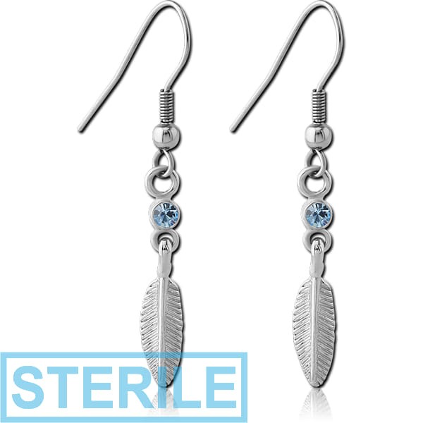 STERILE RHODIUM PLATED BRASS JEWELLED EARRINGS PAIR - FEATHER