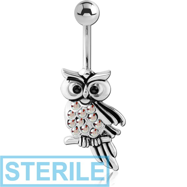 STERILE RHODIUM PLATED BRASS JEWELLED NAVEL BANANA - OWL