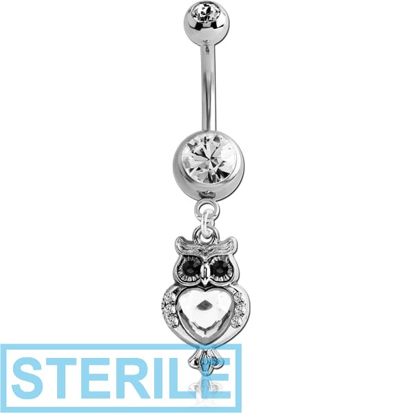 STERILE SURGICAL STEEL JEWELLED NAVEL BANANA WITH DANGLING CHARM - OWL