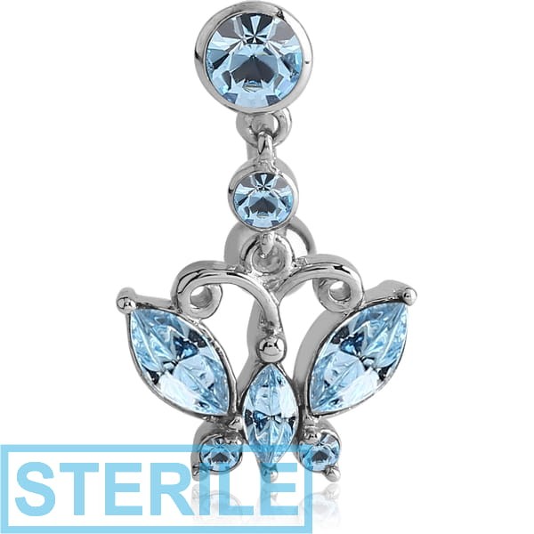STERILE RHODIUM PLATED BRASS JEWELLED NAVEL BANANA - BUTTERFLY